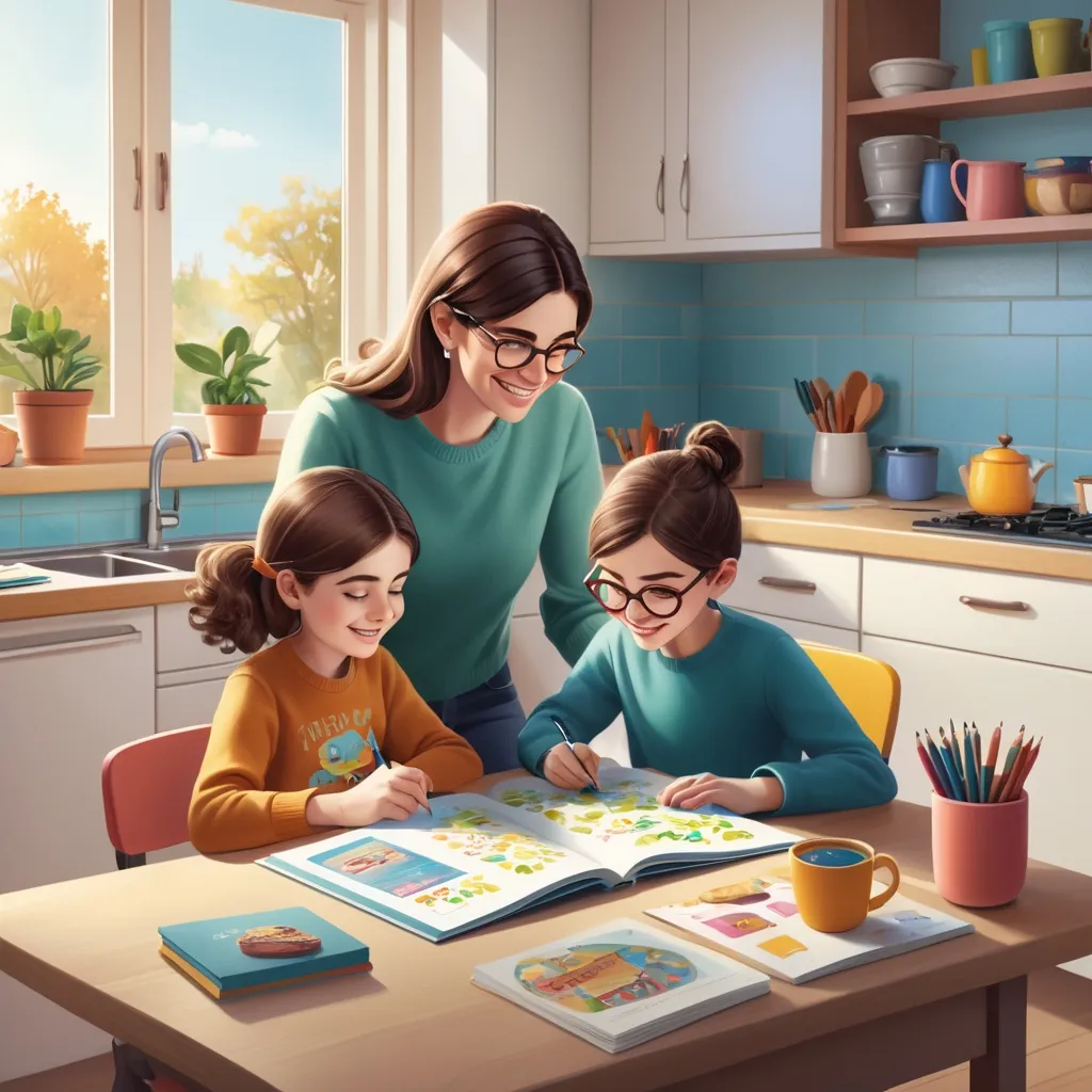 Dans la cuisine de la maison, une mère de famille tient un livre. Son fils, un enfant, dessine et écrit dans un cahier avec beaucoup de couleurs.