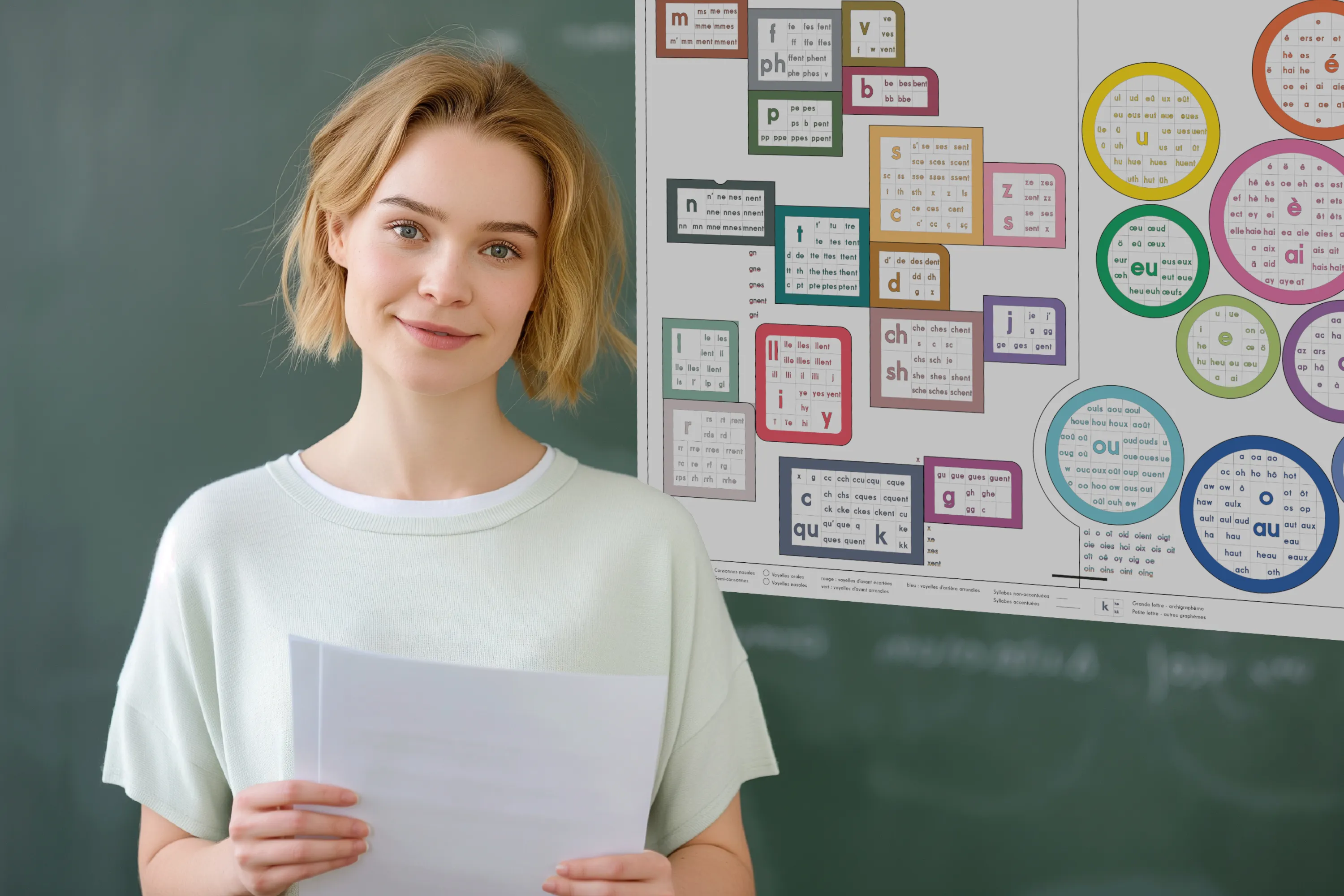 Une enseignante devant une classe d'enfants. Sur le tableau noir, les affiches Phonocolor des graphèmes et des phonèmes du français